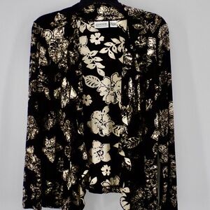 Chico’s Travelers Sz 1 Black Jacket Open Ruffle Front Colorful 1 button closure